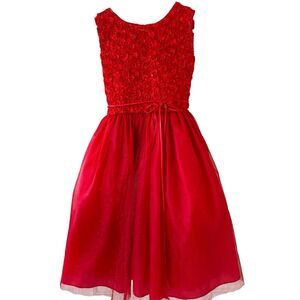 Barbies Apparel LA Girls Red Dress Size 8-9 Floral Roses Dance Holiday Christmas